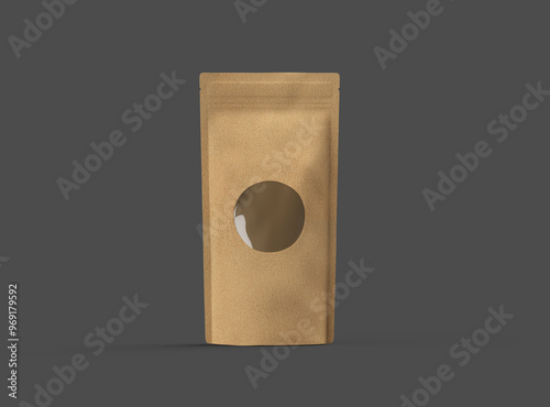 Free Download 3D rendered image of a paper stand-up pouch with a transparent window on dark background - GFXLoad