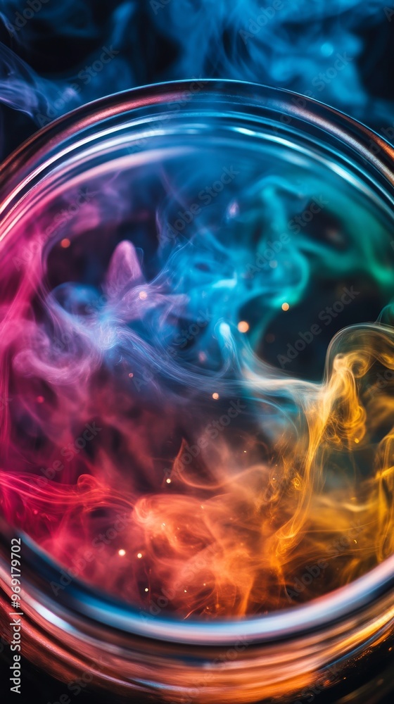 Colorful swirling smoke in a glass jar with vibrant hues, abstract art concept Colorful swirling smoke in a glass jar with vibrant hues, abstract art concept