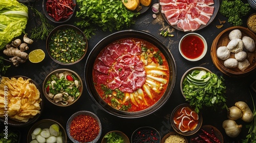 A vibrant image of a Chinese hot pot meal, with an assortment of raw ingredients like thinly sliced meat, vegetables, and dipping sauces arranged around a bubbling pot.