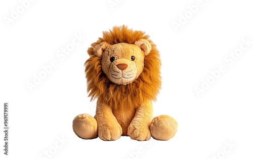 A plush toy lion sits on white background,png