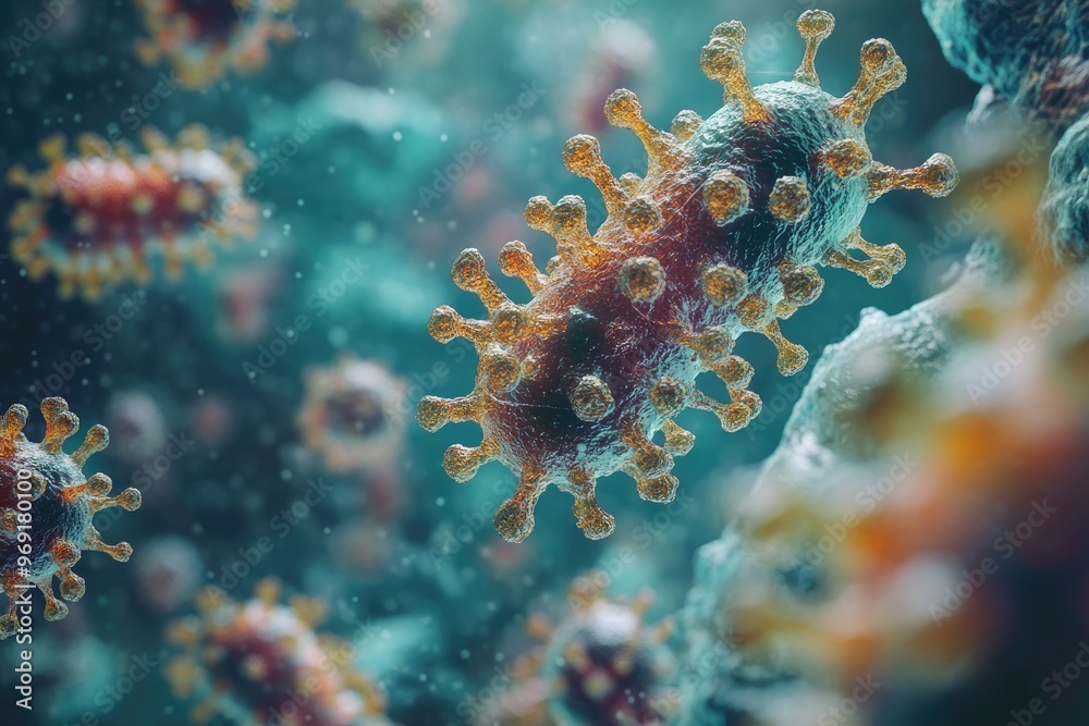 Fototapeta premium Microscopic view of various colorful viruses floating around