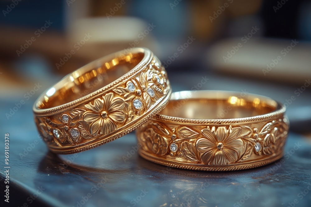 Gold wedding rings with floral design resting on table Gold wedding rings with floral design resting on table