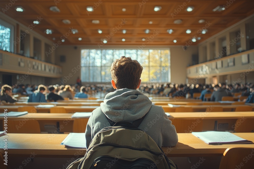Student sitting in university lecture hall attending a conference Student sitting in university lecture hall attending a conference