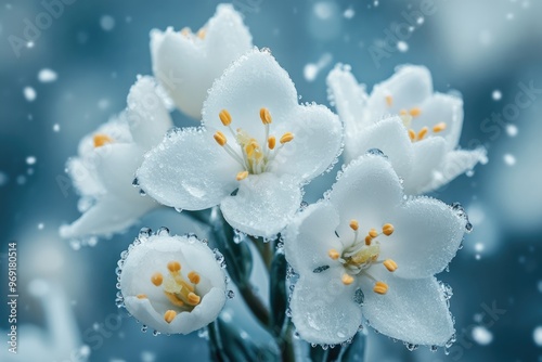 Delicate white flowers covered with snowflakes during winter photo