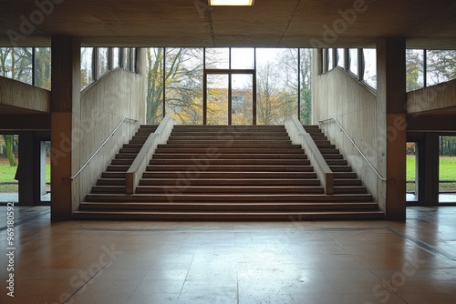 Empty concrete stairwell leading to entrance of modern building