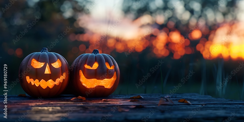 Glowing Halloween Pumpkins on a Rustic Table Against a Beautiful Sunset Glowing Halloween Pumpkins on a Rustic Table Against a Beautiful Sunset