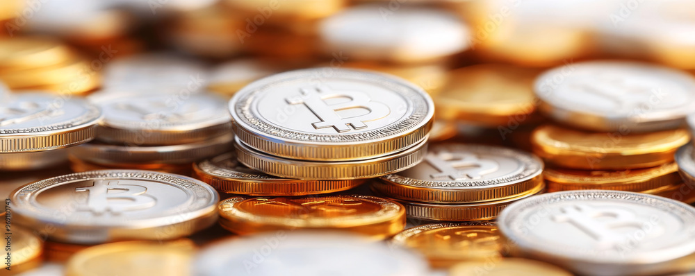 Money falling clipart, financial element, hyper-realistic 3D rendering, gold and silver coins, isolated on white background