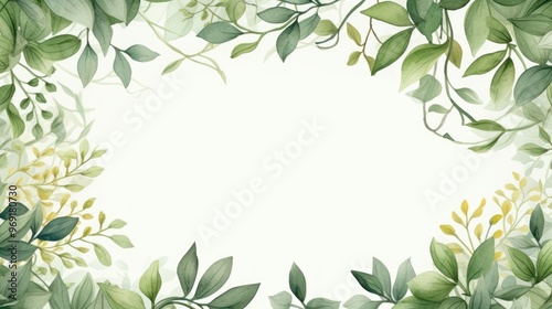 Botanical elegance. Leaves and flowers frame background. Invitations and greeting cards. Copy space