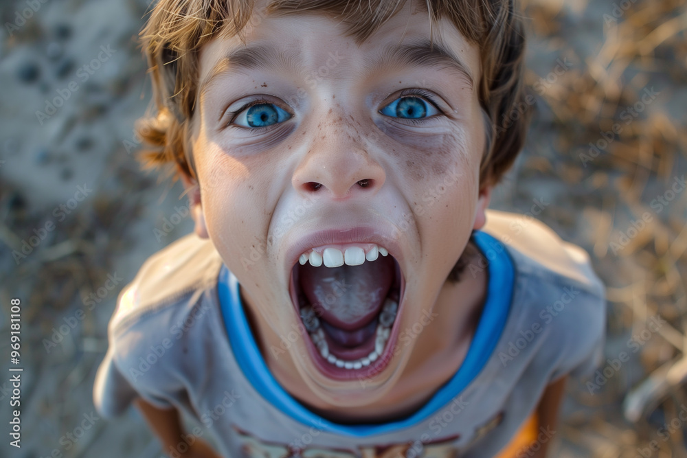 A young boy expressing joy and excitement with a wide open mouth A young boy expressing joy and excitement with a wide open mouth