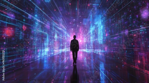 A lone figure walks through a vibrant digital universe, surrounded by colorful lights and dynamic patterns that inspire innovation.