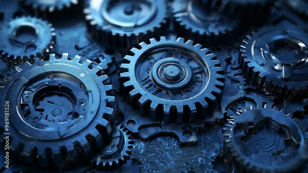 A close up of a bunch of blue gears. The gears are all different sizes and are arranged in a way that they look like they are all connected. The image has a mechanical and industrial feel to it A close up of a bunch of blue gears. The gears are all different sizes and are arranged in a way that they look like they are all connected. The image has a mechanical and industrial feel to it