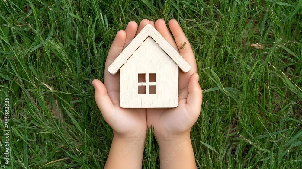 A pair of hands gently holding a wooden house model on green grass, symbolizing home and security in a natural environment. A pair of hands gently holding a wooden house model on green grass, symbolizing home and security in a natural environment.