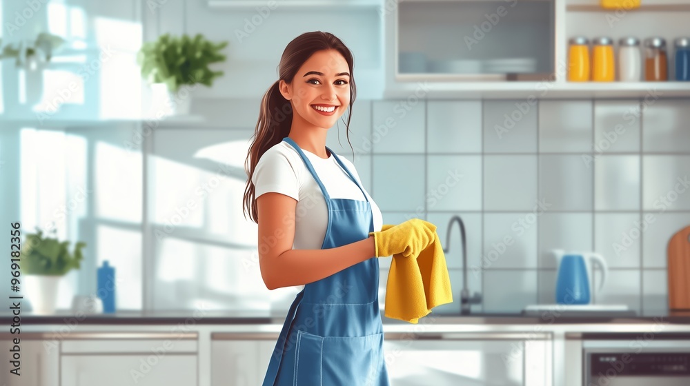 A young woman in an apron enjoys cleaning her modern kitchen during daylight hours, showcasing a friendly smile while holding a cloth A young woman in an apron enjoys cleaning her modern kitchen during daylight hours, showcasing a friendly smile while holding a cloth