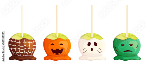 Halloween traditional spooky sweets apples in caramel set isolated on white. Spider web, pumpkin, ghost, zombie decorated.