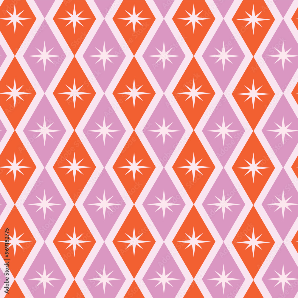 Mid century  white atomic starbursts over diamond shapes in pink and orange. For textile, fabric, home décor and wallpaper