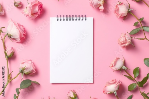 Blank notepad mockup. Rose flowers on a pink background with generative ai