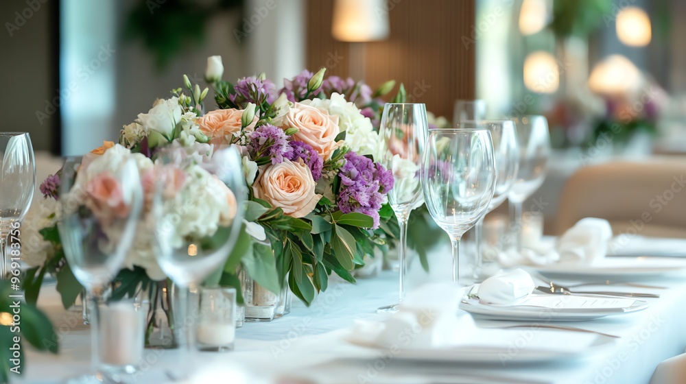 A beautiful table setting with flowers and wine glasses. A beautiful table setting with flowers and wine glasses.