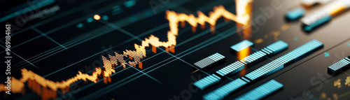Highresolution image of a digital interface displaying fluctuating stock prices, longterm market investment, financial data analysis, economic trends
