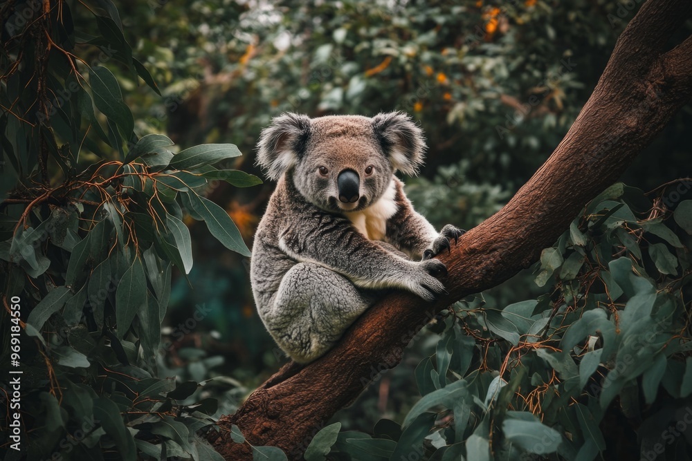 Fototapeta premium A cute koala sits on a tree branch, surrounded by lush greenery. This photo captures the essence of wildlife and nature. It portrays calmness and tranquility. Generative AI