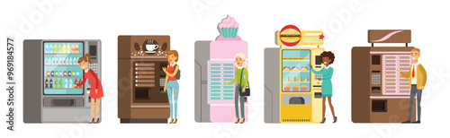 People Character at Vending Machine Buying Snacks Vector Set