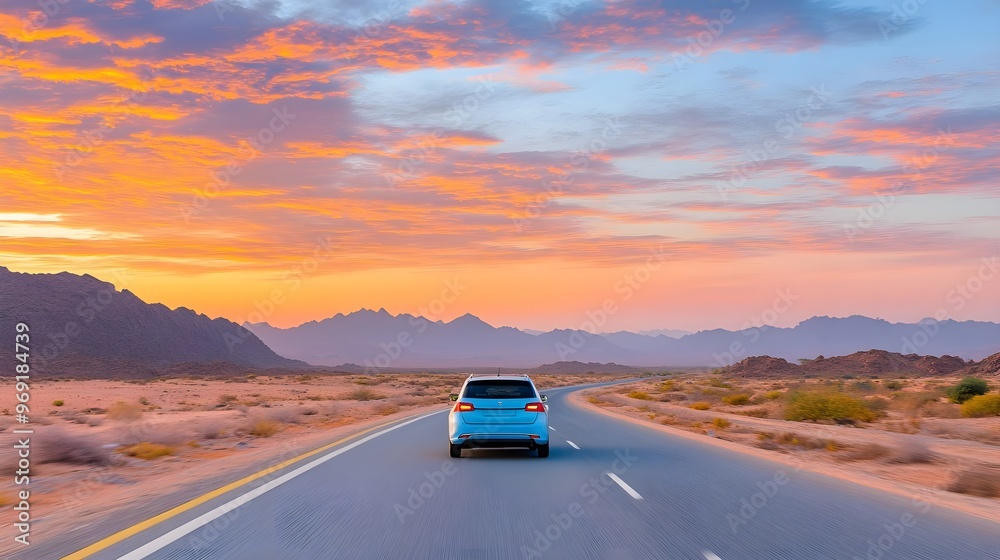 A vibrant sunset paints the sky as a car drives down an open road, surrounded by desert landscapes and distant mountains.