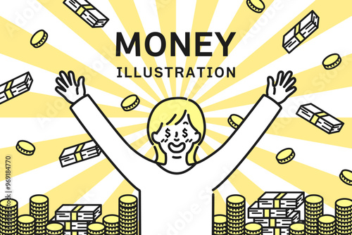 沢山のお金と目が＄になっている女性のイラスト