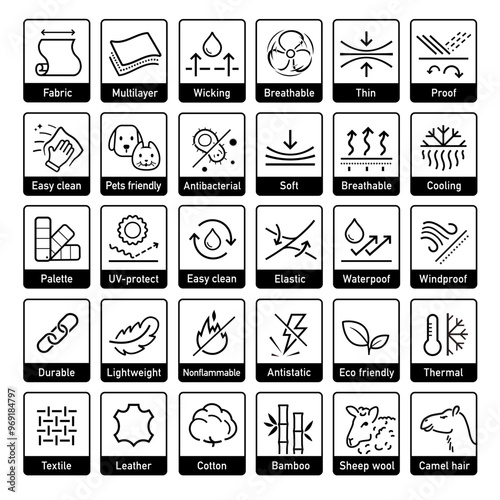 Set icons for functional fabric, clothing. The outline icons are well scalable and editable. Contrasting vector elements are good for different backgrounds. EPS10.