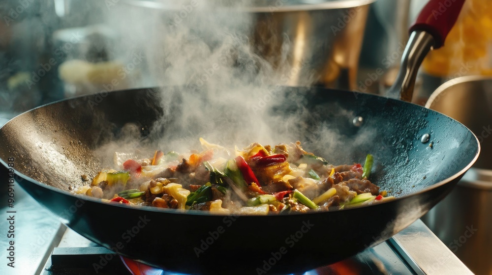 A wok filled with hot, sizzling stir-fry, with vegetables and meat cooking rapidly, steam rising and the aroma of a flavorful meal in the air.