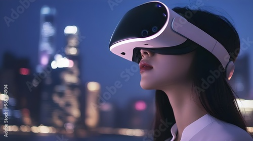 A woman experiences virtual reality at night in a futuristic city, showcasing advanced technology and immersive entertainment.