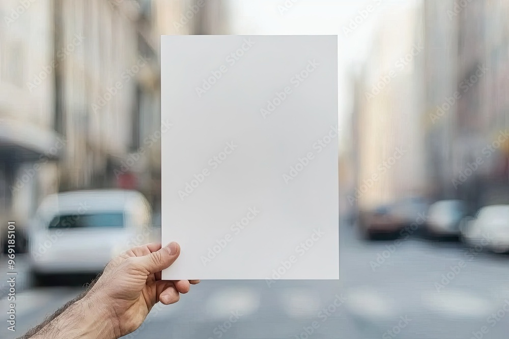 A hand holding a blank sheet of paper in a city street setting, providing a versatile canvas for creative designs. A hand holding a blank sheet of paper in a city street setting, providing a versatile canvas for creative designs.