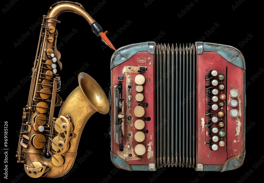 Naklejka premium an old musical instrument next to a red accordion