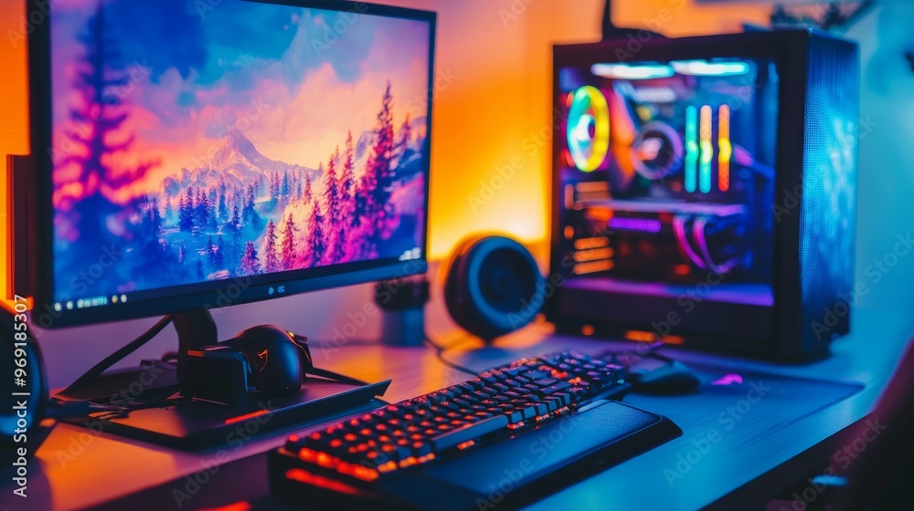 A competitive gaming setup with a mechanical keyboard, professional mouse, and a dual-screen display. A competitive gaming setup with a mechanical keyboard, professional mouse, and a dual-screen display.