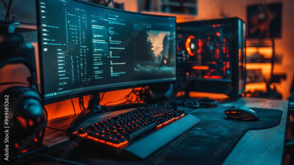 A competitive gaming setup with a mechanical keyboard, professional mouse, and a dual-screen display. A competitive gaming setup with a mechanical keyboard, professional mouse, and a dual-screen display.