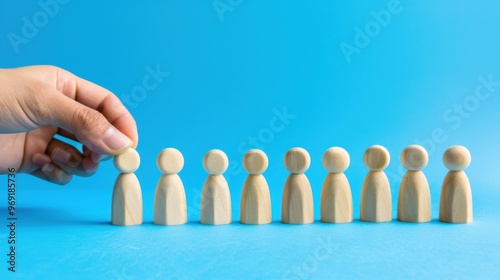 A hand selects a wooden figure from a group of similar figures on a blue background, symbolizing leadership or choice photo