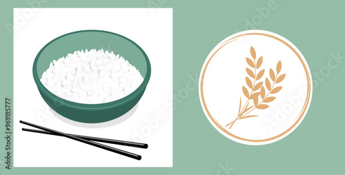 Rice bowl with chopsticks and rice or wheat logo sign vector.