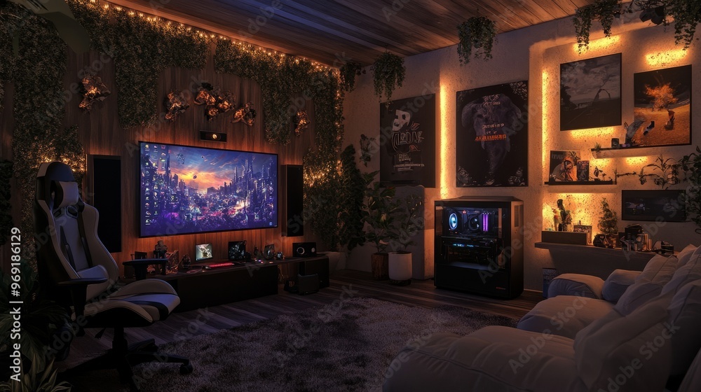 A cozy, modern gaming room with soft ambient lighting, a gaming chair, and custom wall decorations.