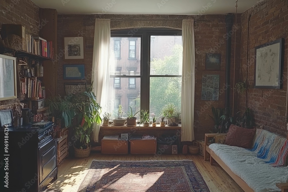 Fototapeta premium Cozy living room with large window, plants, and rustic decor.