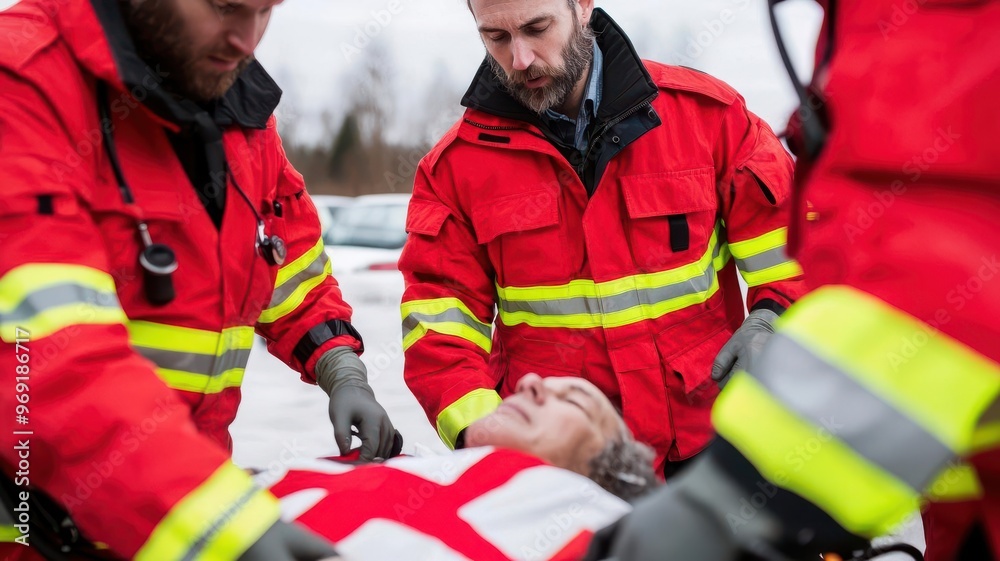 Paramedics providing emergency care to a patient on a stretcher, Emergency medical services, healthcare, first response Paramedics providing emergency care to a patient on a stretcher, Emergency medical services, healthcare, first response