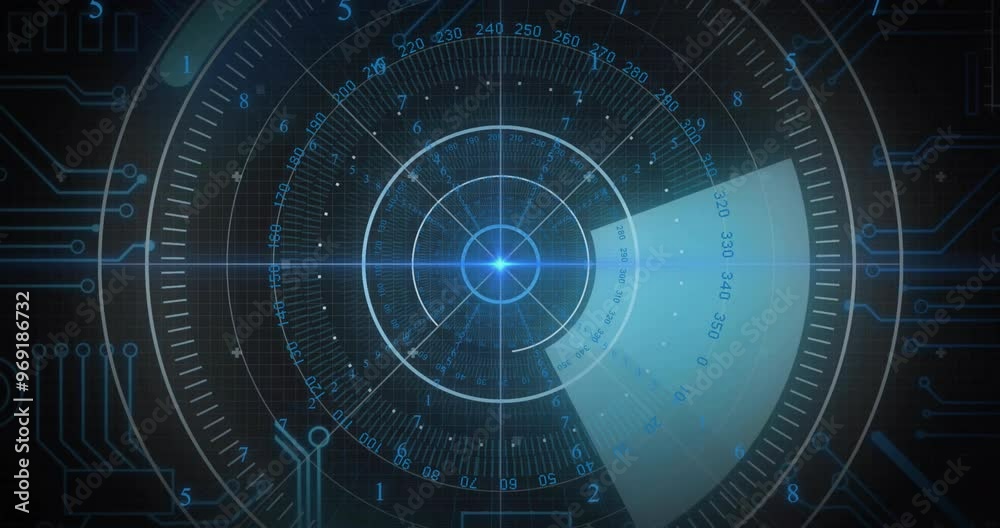 Animation of scope scanning and digital data processing over black background