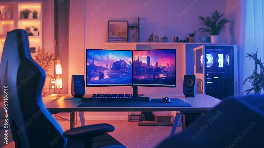 A dual-monitor gaming setup in a bright room, with natural light filtering in and ambient wall LED lighting. A dual-monitor gaming setup in a bright room, with natural light filtering in and ambient wall LED lighting.