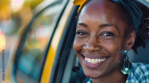 A Day in the Life of a Smiling Female Taxi Driver Navigating the City photo