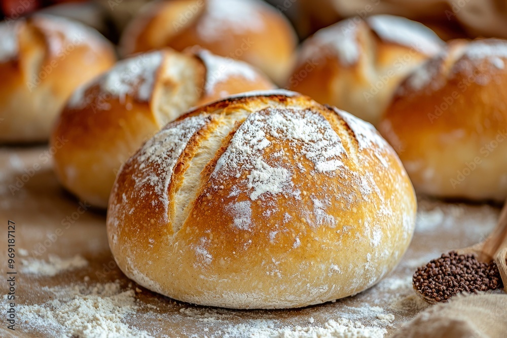 Freshly Baked Loaf of Bread with Flour Dusting Freshly Baked Loaf of Bread with Flour Dusting