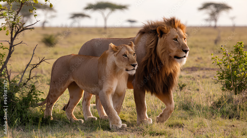 Lion and lioness strolling in an open field near a jungle guarding their territory Lion and lioness strolling in an open field near a jungle guarding their territory