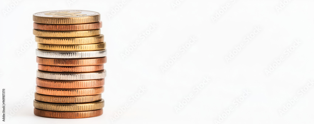 Coins stacked into a tower clipart, financial growth element , metallic finish, isolated on white background Coins stacked into a tower clipart, financial growth element , metallic finish, isolated on white background