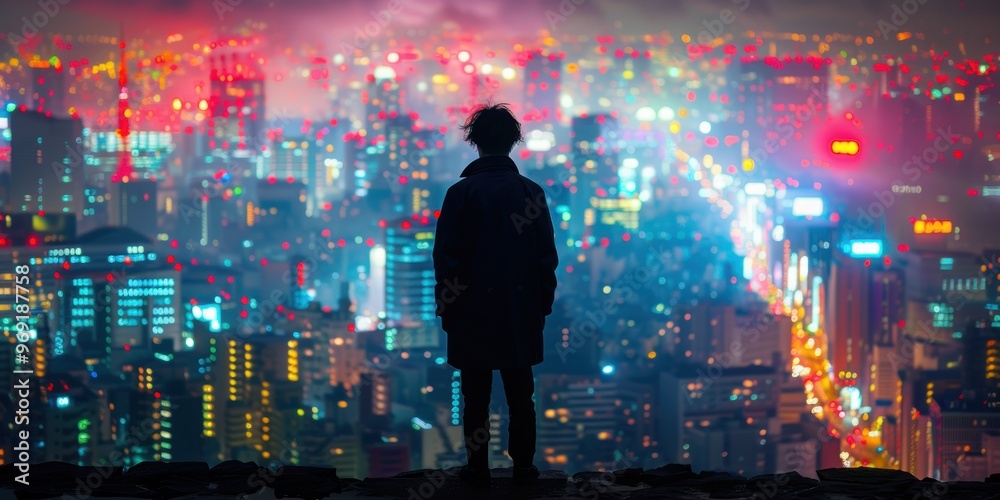 A solitary figure silhouettes against a sprawling, neon-lit cityscape at night, capturing the enigmatic allure and vibrant energy of urban life A solitary figure silhouettes against a sprawling, neon-lit cityscape at night, capturing the enigmatic allure and vibrant energy of urban life