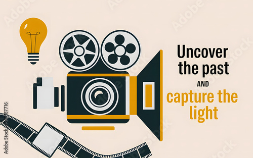 Vintage Film Camera with Lightbulb and Film Strip   Uncover the Past and Capture the Light
