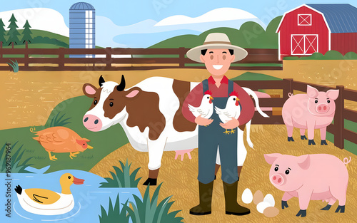 Happy Farmer with Farm Animals Cow Pig Chicken Duck