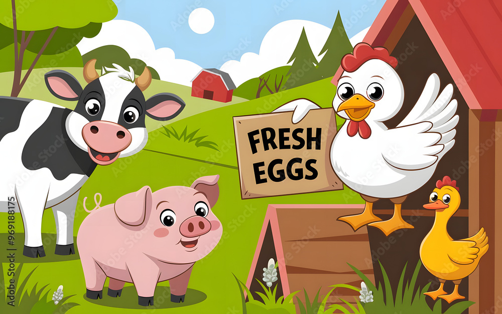 Obraz premium Happy Farm Animals with Fresh Eggs Sign