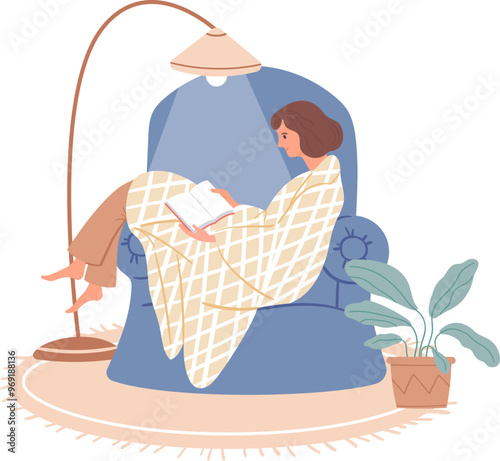 Girl with a book sits in a chair and reads a book. Young woman wrapped in a blanket. Cozy home environment. Happy female character, a flower in a pot nearby, a book illuminated by a lamp. Vector flat