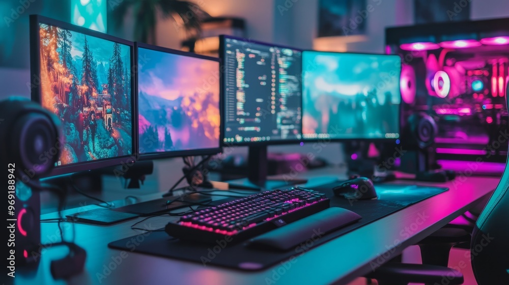 A gaming desk with multiple monitors showing a live stream, surrounded by vibrant gaming peripherals. A gaming desk with multiple monitors showing a live stream, surrounded by vibrant gaming peripherals.